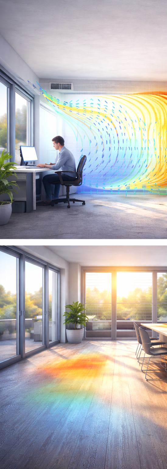 Simulation für Lüftung, thermische Behaglichkeit und Tageslicht im Raum