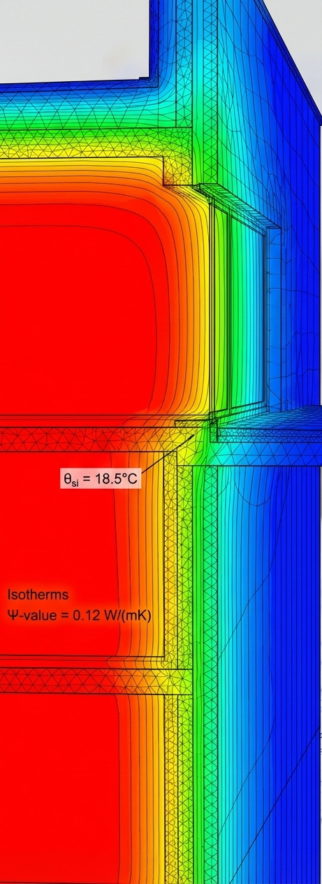 Wärmebrücke berechnen (Ψ-Wert) | Thermoschall Wärmebrückenberechnung mit Isothermen und Ψ-Wert am Anschlussdetail